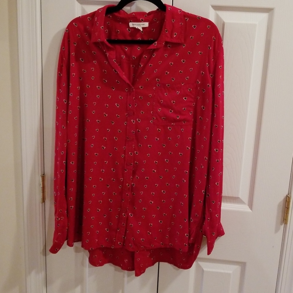 Red button down with small heart pattern